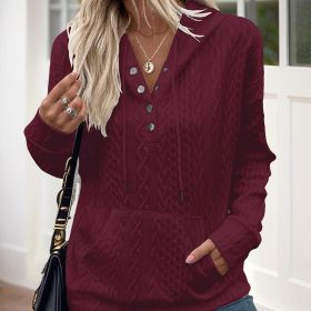 Women's V-Neck Solid Textured Long Sleeve Hoodie With Button Front & Kangaroo Pocket - Drawstring Hood Casual Pullover (Option: Wine red-XXL)