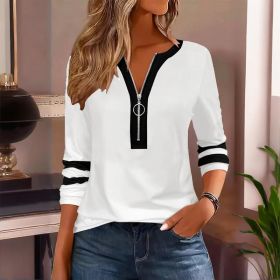 Women's Zip-Up Round Neck Long Sleeve Sweatshirt With Color Block Stripes - Casual Pullover Top For Spring&Fall (Option: White-S)