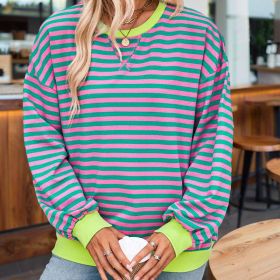 Women's Casual Crewneck Striped Long Sleeve Sweatshirt - Comfortable Loose Fit Ribbed Knit Top For Spring&Fall (Option: Pink green-S)