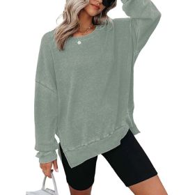 Womens Waffle Knit Crewneck Sweatshirts Long Sleeve Side Slits Casual Pullover Sweatshirt Tops (Option: Green-S)