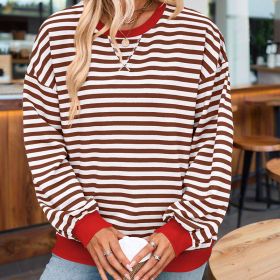 Women's Casual Crewneck Striped Long Sleeve Sweatshirt - Comfortable Loose Fit Ribbed Knit Top For Spring&Fall (Option: Coffee color-S)