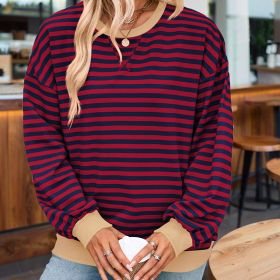Women's Casual Crewneck Striped Long Sleeve Sweatshirt - Comfortable Loose Fit Ribbed Knit Top For Spring&Fall (Option: Black red-S)