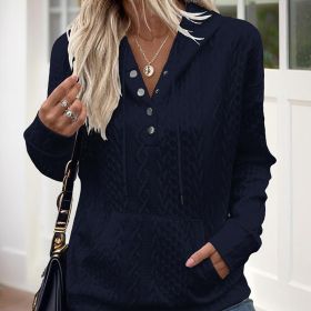 Women's V-Neck Solid Textured Long Sleeve Hoodie With Button Front & Kangaroo Pocket - Drawstring Hood Casual Pullover (Option: Black-XXL)