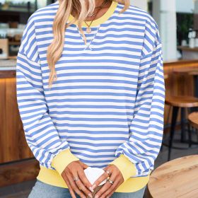 Women's Casual Crewneck Striped Long Sleeve Sweatshirt - Comfortable Loose Fit Ribbed Knit Top For Spring&Fall (Option: Sky Blue-M)