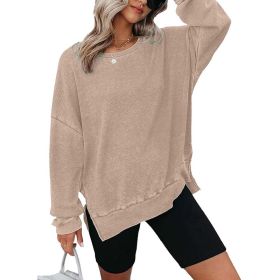 Womens Waffle Knit Crewneck Sweatshirts Long Sleeve Side Slits Casual Pullover Sweatshirt Tops (Option: Khaki-2XL)