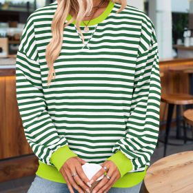 Women's Casual Crewneck Striped Long Sleeve Sweatshirt - Comfortable Loose Fit Ribbed Knit Top For Spring&Fall (Option: Blackish green-S)