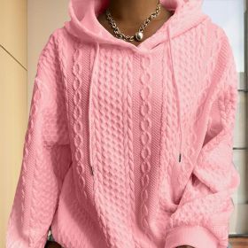 Women's Solid Color Ribbed Design Long Sleeve Hoodie - Loose Fit Drawstring Pullover For Fall & Winter Casual Wear (Option: Pink-XXL)