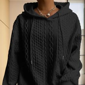 Women's Solid Color Ribbed Design Long Sleeve Hoodie - Loose Fit Drawstring Pullover For Fall & Winter Casual Wear (Option: Black-XXL)