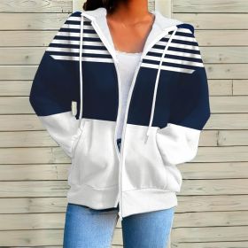 Plus Size Women's Long Sleeve Drawstring Hooded Sweatshirt With Color Block Stripes & Zip Front Pocket For Spring Fall (Option: Dark blue-2XL)